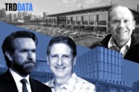 Danny Wirtz and Michael Reinsdorf with a rendering of 1901 West Madison Street; Joe Mansueto with a rendering of Chicago Fire Stadium