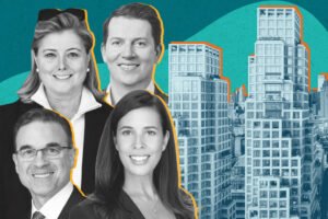 Compass’ Christine Miller Martin and Kyle Blackmon and Zeckendorf Marketing's Dan Tubb and Amy Williamson with rendering of 80 Clarkson