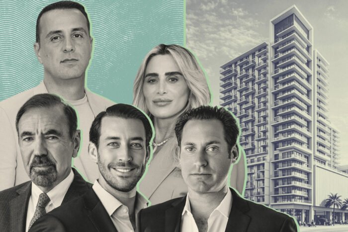 BH Group's Isaac and Liat Toledano and Related's Jorge Pérez, Jon Paul and Nick Pérez with rendering of 2999 Northeast 191st Street