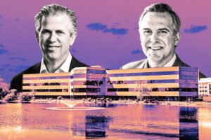 Lincoln Property Company co-CEO Clay Duvall and Hobbs Brook Real Estate CEO Peter Gottlieb with The Edge office park in Wakefield, MA