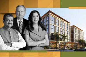 MICL chairman Parag Shah and Codina Partners’ Armando Codina and Ana-Marie Codina with renderings of Tribute hotel in Downtown Doral