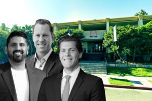 Eagle Real Estate Partners’ managing partners Taylor Friend, Shahny Lufteali, and Clay Friend with Crystal View Apartments at 12091 Bayport Street in Garden Grove
