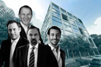 Brevan Howard CEO Aron Landy with Related Group’s Jon Paul Pérez, Jorge Pérez and Nicholas Pérez and the office building at 2850 Tigertail Avenue in Coconut Grove
