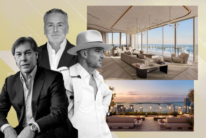 Fortune International Group's Edgardo Defortuna, KAR Properties' Shahab Karmely and Alan Faena with Renderings of a penthouse at Faena Residences