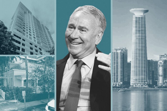Citadel's Ken Griffin with 190 Southeast 12th Terrace, 186 SE 12th Terrace and rendering of future Brickell headquarters at 1201 Brickell Bay Drive