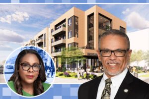 Charles R. Drew University president David Carlisle and Century Housing CEO Jacqueline Waggoner with a rendering of the CDU Wellness & Education Campus