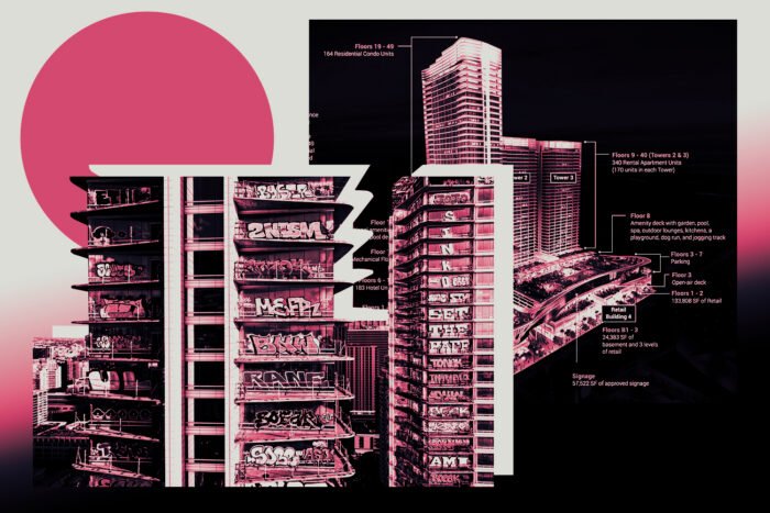 A photo illustration of the current site (left) and a rendering (right) of Oceanwide Plaza at 1101 South Flower Street