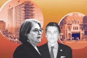 Mayor Daniella Levine cava and State Representative Fabián Basabe with renderings of Midtown Park and the Coconut Grove Playhouse