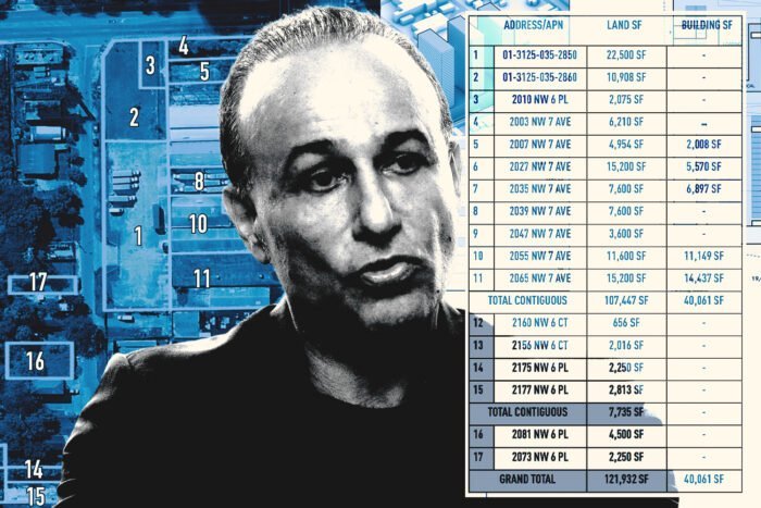 Moishe Mana with a site map of the 2.5-acre assemblage of 17 parcels in Miami's Allapattah neighborhood
