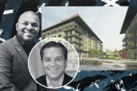 Hoque Global CEO Mike Hoque and Bridgeview Real Estate principal Steve May and a rendering of the downtown Dallas project