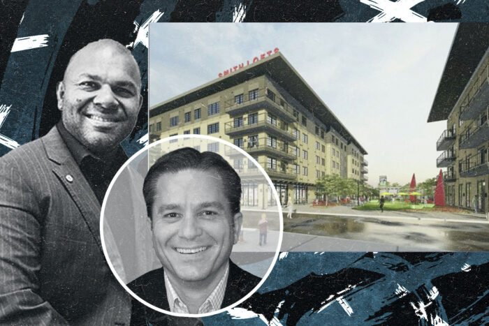 Hoque Global CEO Mike Hoque and Bridgeview Real Estate principal Steve May and a rendering of the downtown Dallas project