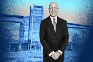 Bank OZK CEO George Gleason with the Bank OZK headquarters at 18000 Cantrell Road in Little Rock, AR