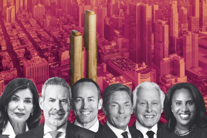 Governor Kathy Hochul with The Gotham Organization's David Picket, Fisher Brothers' Winston Fisher, Kenneth Fisher and Martin Edelman, Mural Real Estate's Robin Zeigler and rendering of 621 West 45th Street