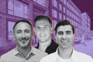 Range Group's Brett Katz, Jared Rubin and Seth Halpern with rendering of 1133 West Kinzie Street