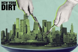 New York City skyline; hand holding cutlery