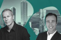 OKO Group’s Vlad Doronin and 13th Floor Investments’ Arnaud Karsenti with renderings of Lilli condo tower and 619 Brickell by Nobu