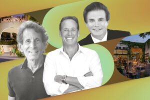 Lincoln Road BID’s Lyle Stern, Comras Company’s Michael Comras, Flag Luxury Group’s Peter Kanavos with renderings of NoLi and 100-300 Lincoln