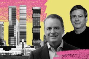 A rendering of 201 Hudson Street in Jersey City with Rockpoint co-CEO Tom Gilbane and Urby CEO David Barry