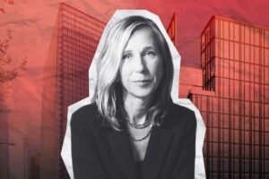 San Francisco Planning Department director Sarah Dennis Phillips with renderings of 77 Beale Street and 536 Mission Street