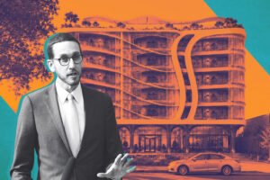 Senator Scott Weiner with Rendering of 70-unit apartment complex at 555 College Avenue