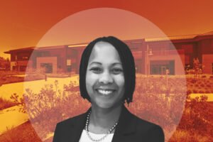 Santa Clara County assessor Neysa Fligor with Santa Clara County Assessor’s Office exterior