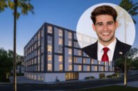 Samuelian Group CEO Shant Samuelian and a rendering of plans for Silver Lake Flats at 835 North Hyperion Avenue