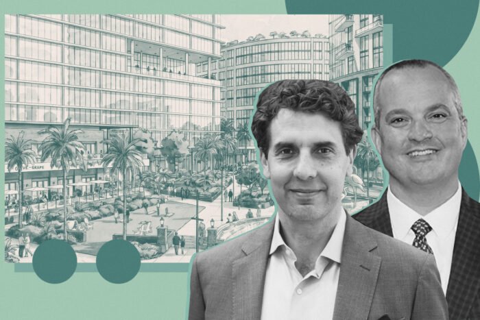 Bromley Companies’ Nicholas Haines and Stetson Law Dean D. Benjamin Barros with rendering of Tampa Law Center redevelopment