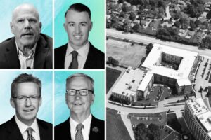 TPG CEO Jon Winkelreid, CA Ventures CEO Tom Scott, Marcus & Millichap broker Ryan Engle and Chicago Bears’ George H. McCaskey with 3401 West Payton Place, Arlington Heights