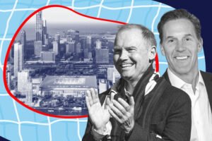 Joe Mansueto and Related's Curt Bailey with rendering of the 78 campus anchored by a Chicago Fire FC stadium