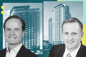 Endeavor's Will Marsh and StreeLights’ Greg Coutant with renderings of 2700 McKinney Avenue and 6501 Legacy Drive