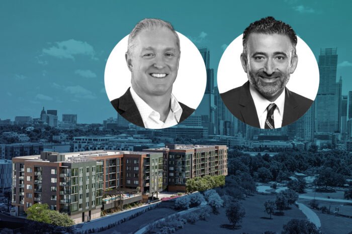 Pearlstone Partners CEO Bill Knauss and Viceroy Residences CEO Arash Azarbarzin with a rendering of Viceroy Residences Austin