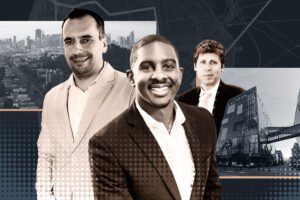 Compass' Milan Jezdimirovic and Jerry Rice Jr. with Open AI's Sam Altman with 1455 3rd Street