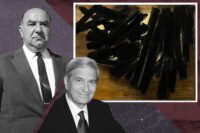 William Zeckondorf Sr. and Robert Weis with Pierre Soulages’ “Peinture 161 x 200 cm, 14 novembre 1958”